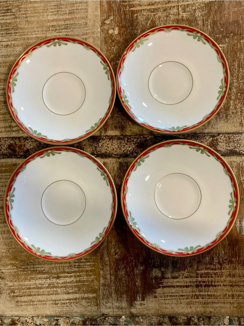 4 Saucers Waterford Fine China Holiday Ribbons Christmas